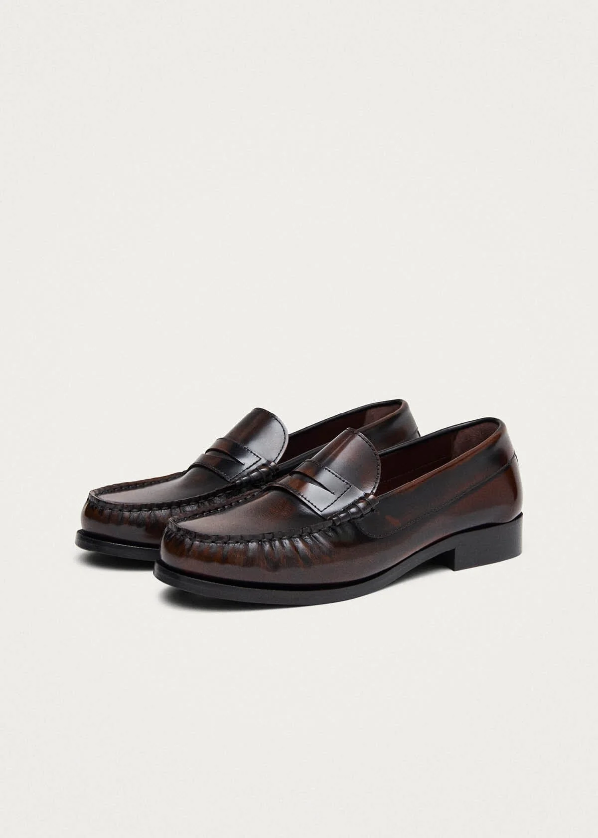 Rivet Vintage Effect Coffee Brown Leather Loafers - Image 2