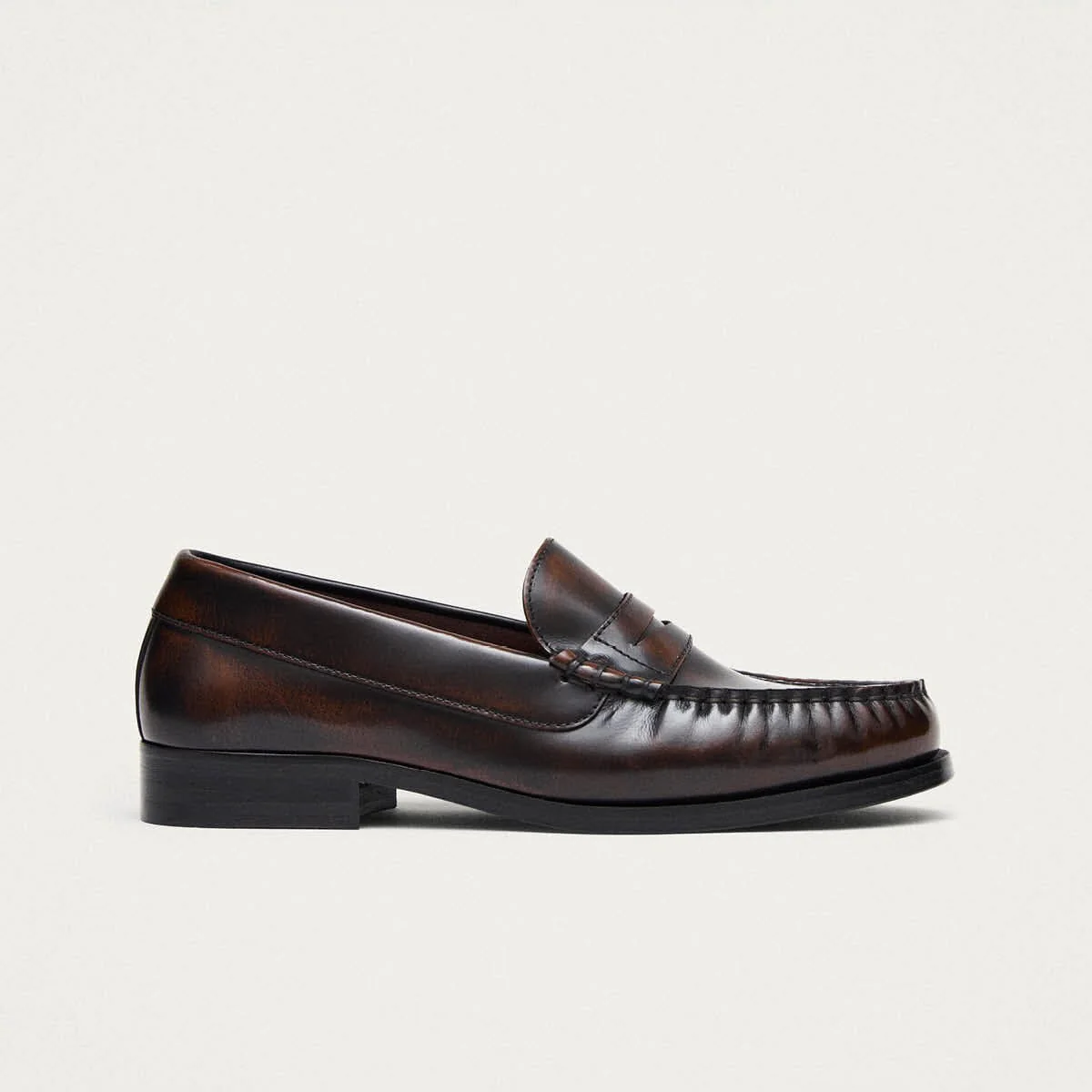 Rivet Vintage Effect Coffee Brown Leather Loafers - Image 3