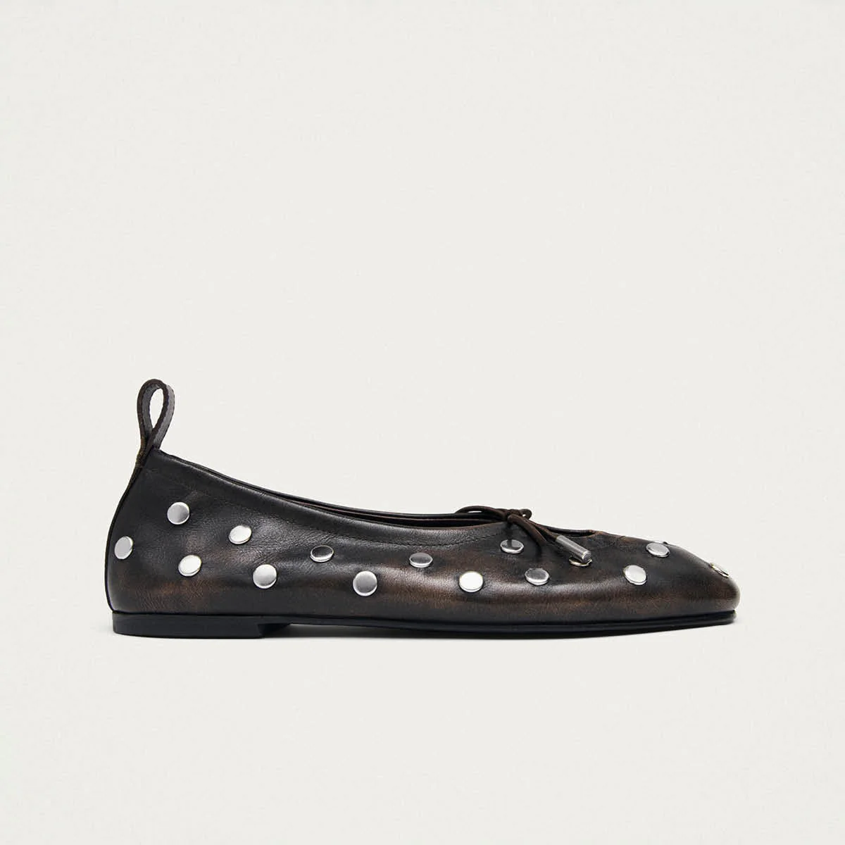 Rosalind All Studs Vintage Effect Brown Leather Ballet Flats - Image 3